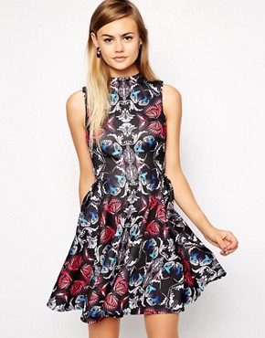 Image 1 of ASOS Scuba Skater Dress in Mirror Butterfly with High Neck