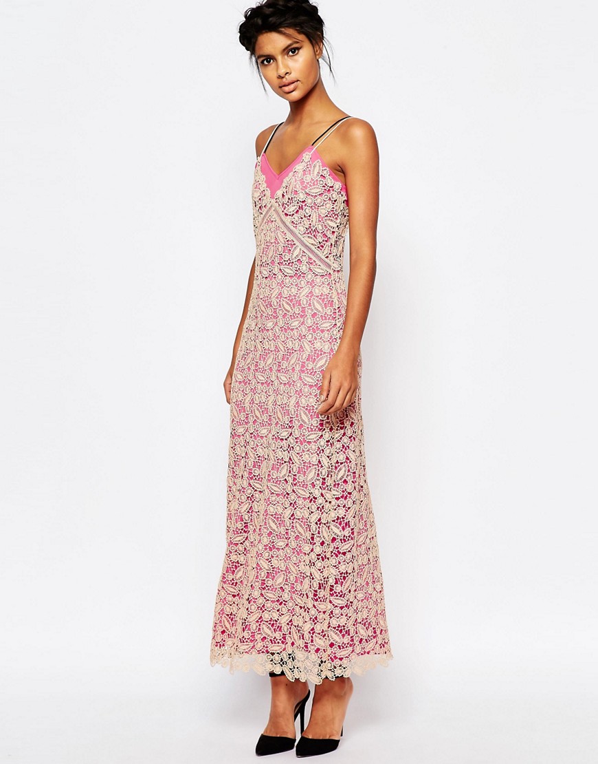 Image 1 of Self Portrait Lace Shell Maxi Slip Dress with Pink Lining