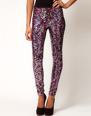 Image 4 of ASOS Panelled Leggings in Pink Sequins