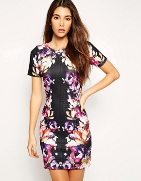 Image 1 of ASOS Bodycon Dress in Rose Floral Mirror Texture