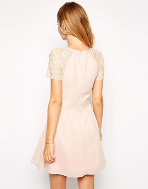 Image 2 of ASOS Skater Dress with Lace Sleeves and Overlay