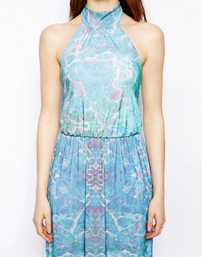 Image 3 of Pearl Halterneck Maxi Dress in Blue Mirror Print