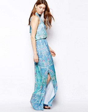 Image 4 of Pearl Halterneck Maxi Dress in Blue Mirror Print