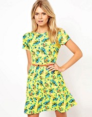 ASOS Skater Dress In Bright Neon Floral With Belt