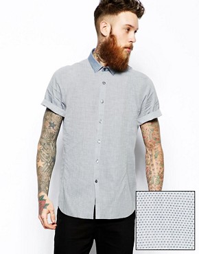 ASOS Smart Shirt In Short Sleeve With Pindot Jacquard and Contrast Detailing 