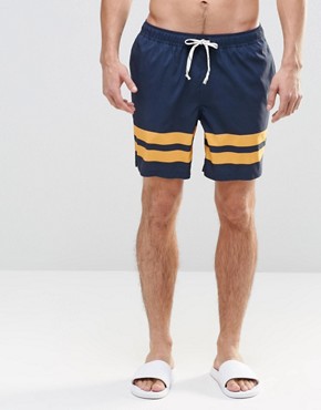 ASOS Swim Shorts In Navy With Placement Stripe and Drawcord Detail In Mid Length