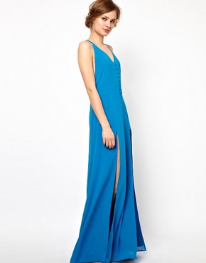 Jarlo V Neck Maxi Dress with Lace Back and Button Detail
