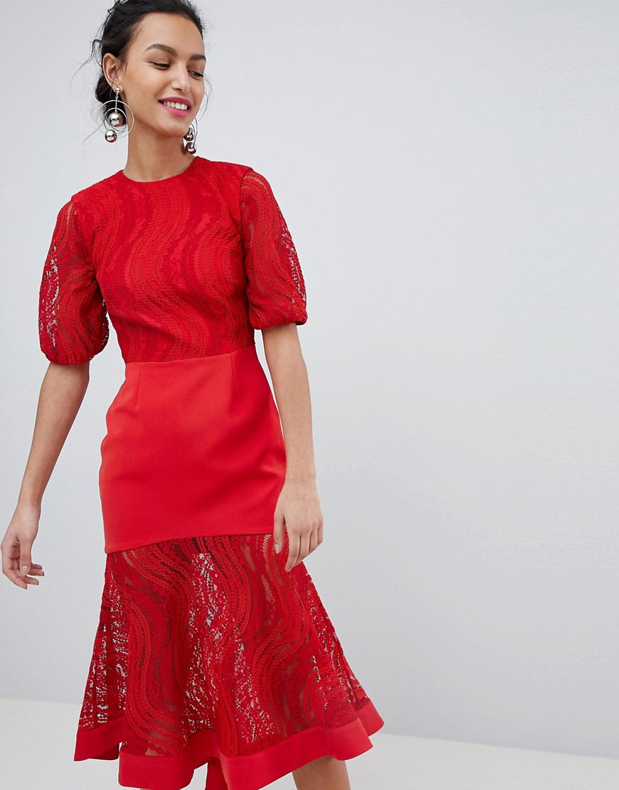 Imagen principal de producto de Vestido midi de encaje en rojo rubí de Keepsake - Keepsake
