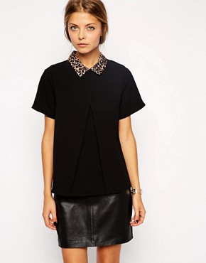 Image 1 of ASOS Short Sleeve Origami Top With Animal Print Collar