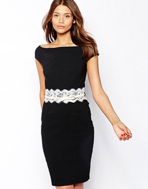 Paper Dolls Belted Off Shoulder Pencil Dress With Lace Waist 