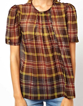 Image 3 of ASOS Top With Gathered Neck In Tartan Print