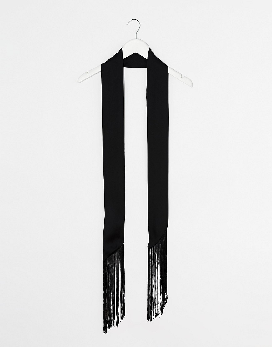 Image 2 of ASOS Long Skinny Scarf In Black With Fringing