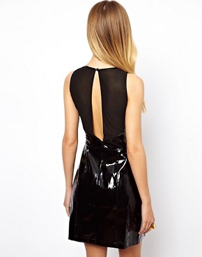 Image 2 of ASOS PETITE Exclusive Patent Shift Dress with Mesh Insert