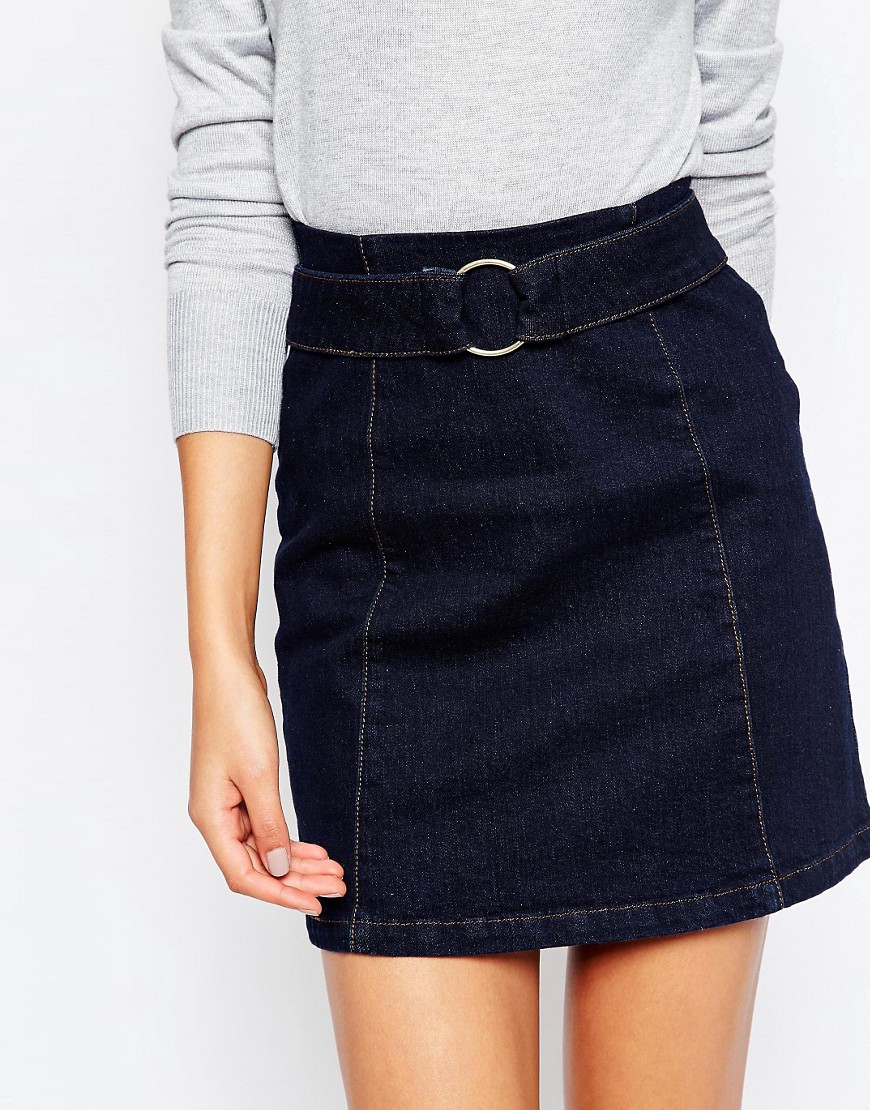 Image 3 of ASOS TALL Denim A-Line Skirt With Circle Buckle In Indigo