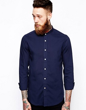 ASOS Smart Shirt In Long Sleeve With Grandad Collar In Soft Handle Cotton 