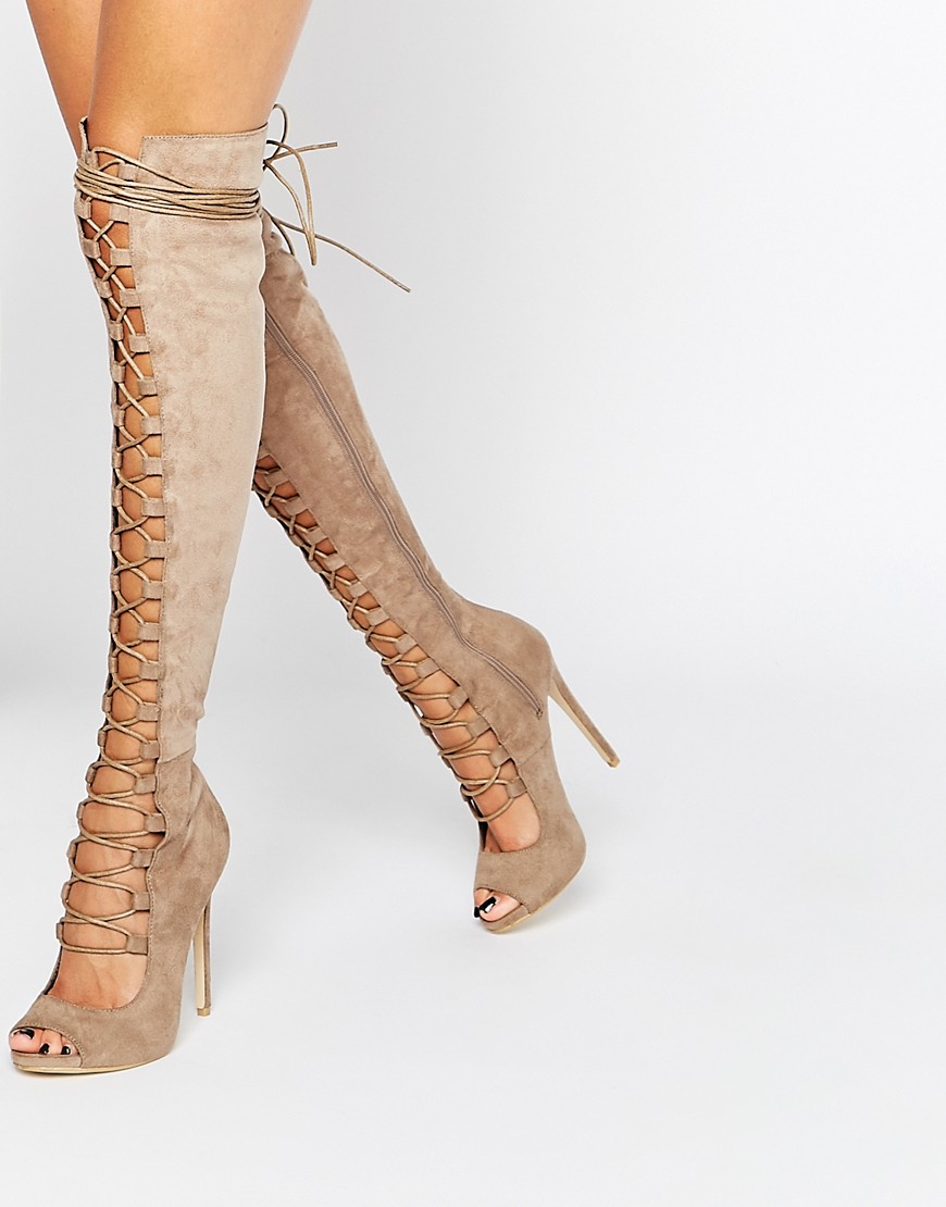 Image 1 of Daisy Street Taupe Lace Up Ghillie Over The Knee Boots