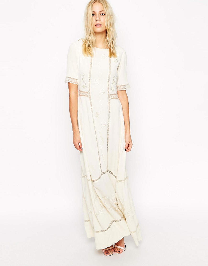 Image 1 of ASOS Maxi Dress with Floral Embroidery and Lace Inserts