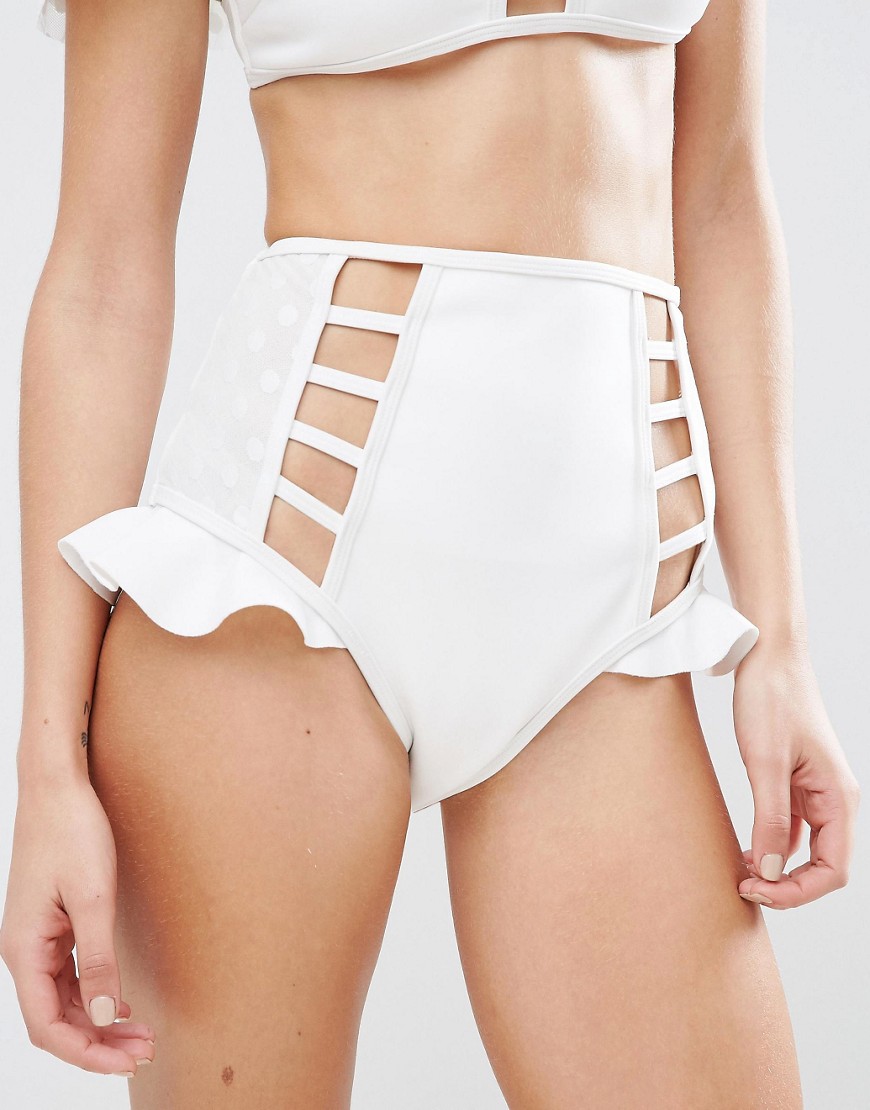 ASOS Neoprene Frill Dot Mesh High Waist Bikini Bottom - White