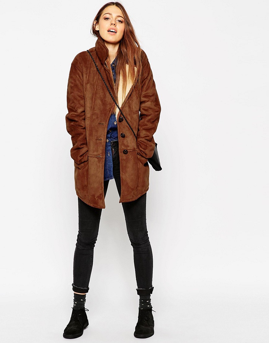 Image 4 of ASOS Coat In Faux Shearling with Panel Detail