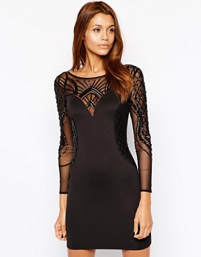 Michelle Keegan Loves Lipsy Embellished Bodycon Dress with Mesh Long Sleeves 