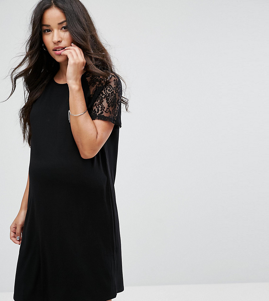 Платье-футболка с кружевными рукавами реглан ASOS Maternity - Черный