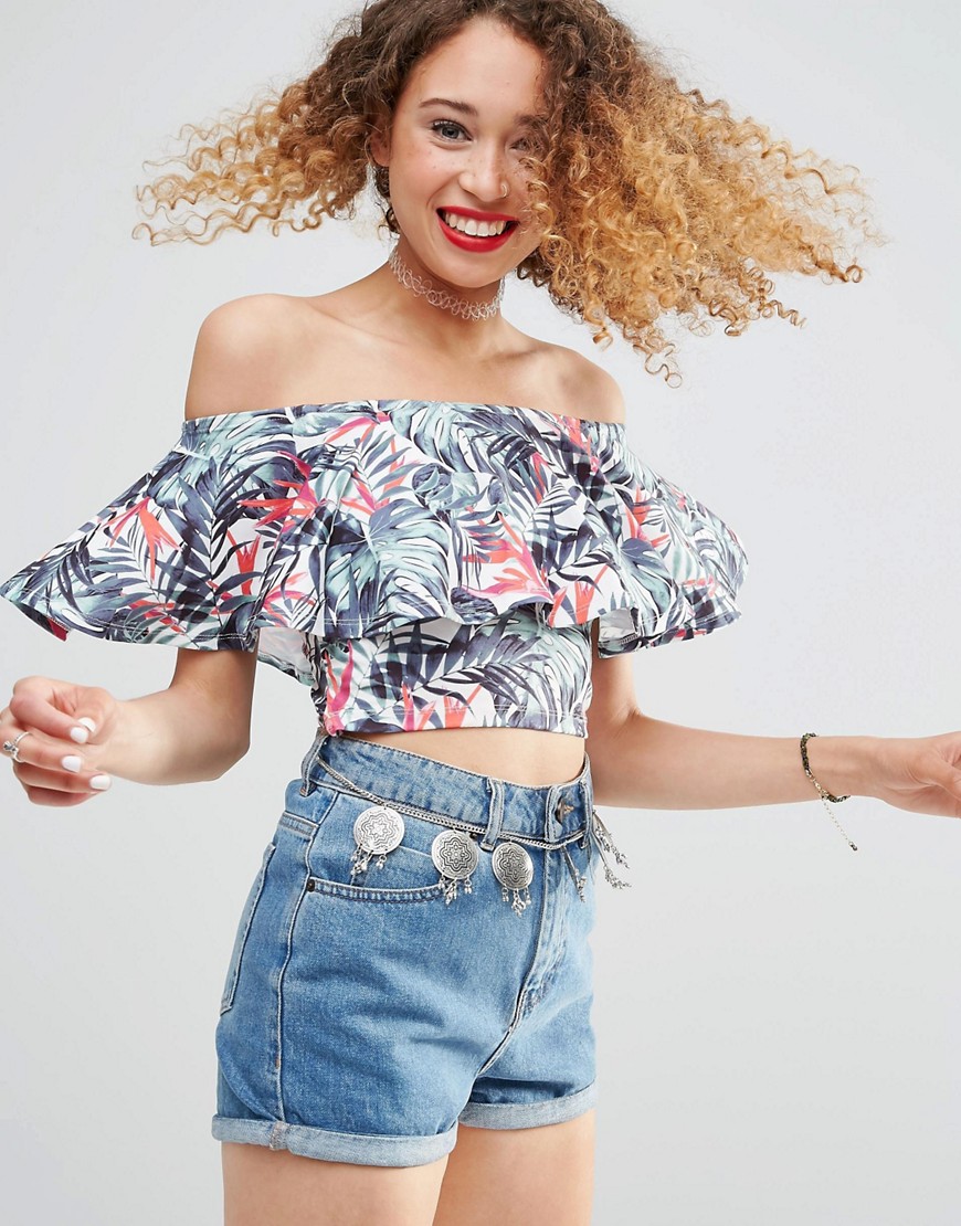 Image 1 of ASOS Top With Off Shoulder Ruffle In Tropical Print