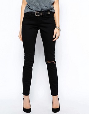 Image 1 of ASOS Whitby Low Rise Skinny Jean in Clean Black with Busted Knee