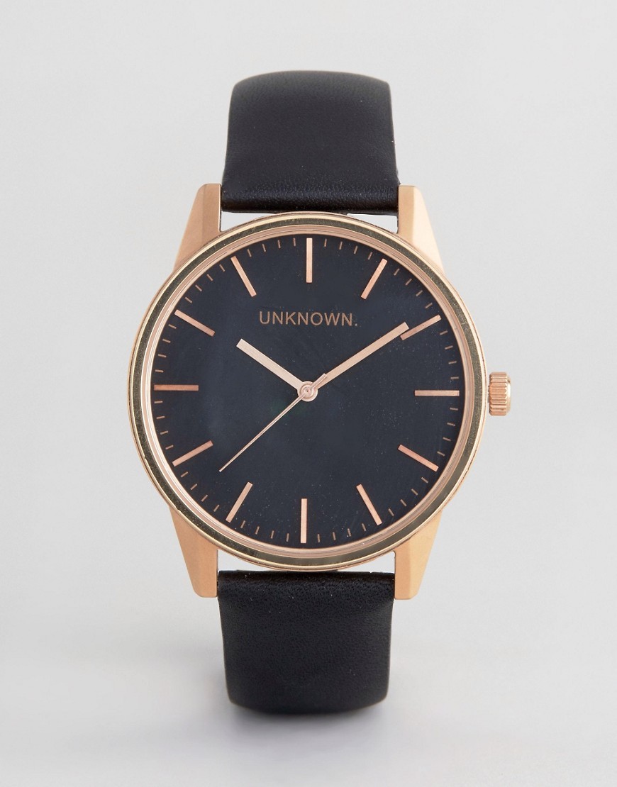 Классические часы цвета розового золота с черным кожаным ремешком UNKN
