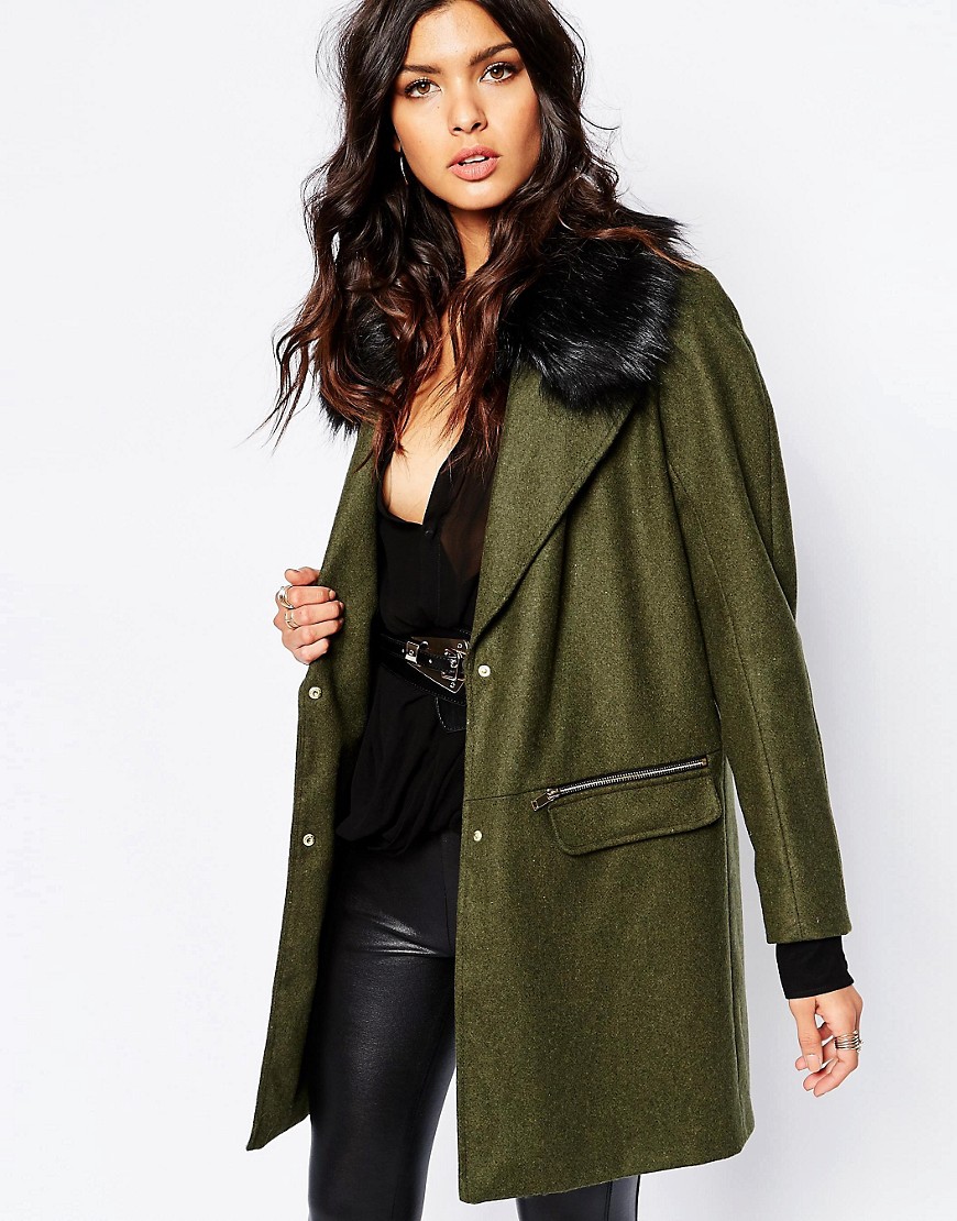 Image 1 of River Island Utility Coat With Faux Fur Collar