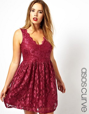Image 1 of ASOS CURVE Skater Dress In Lace With Scallop Edge