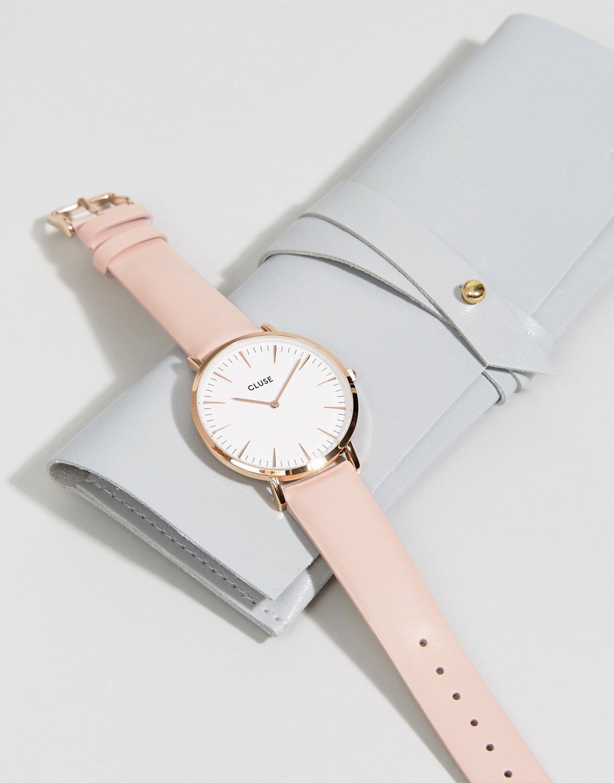 Часы цвета розового золота с розовым кожаным ремешком CLUSE La Boheme
