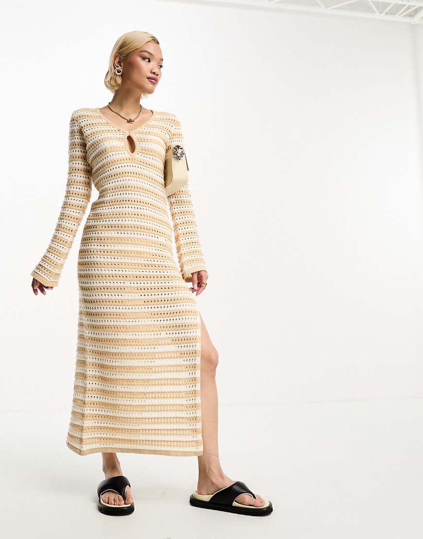 4th & Reckless crochet side split maxi dress with thigh split in beige stripe-Multi