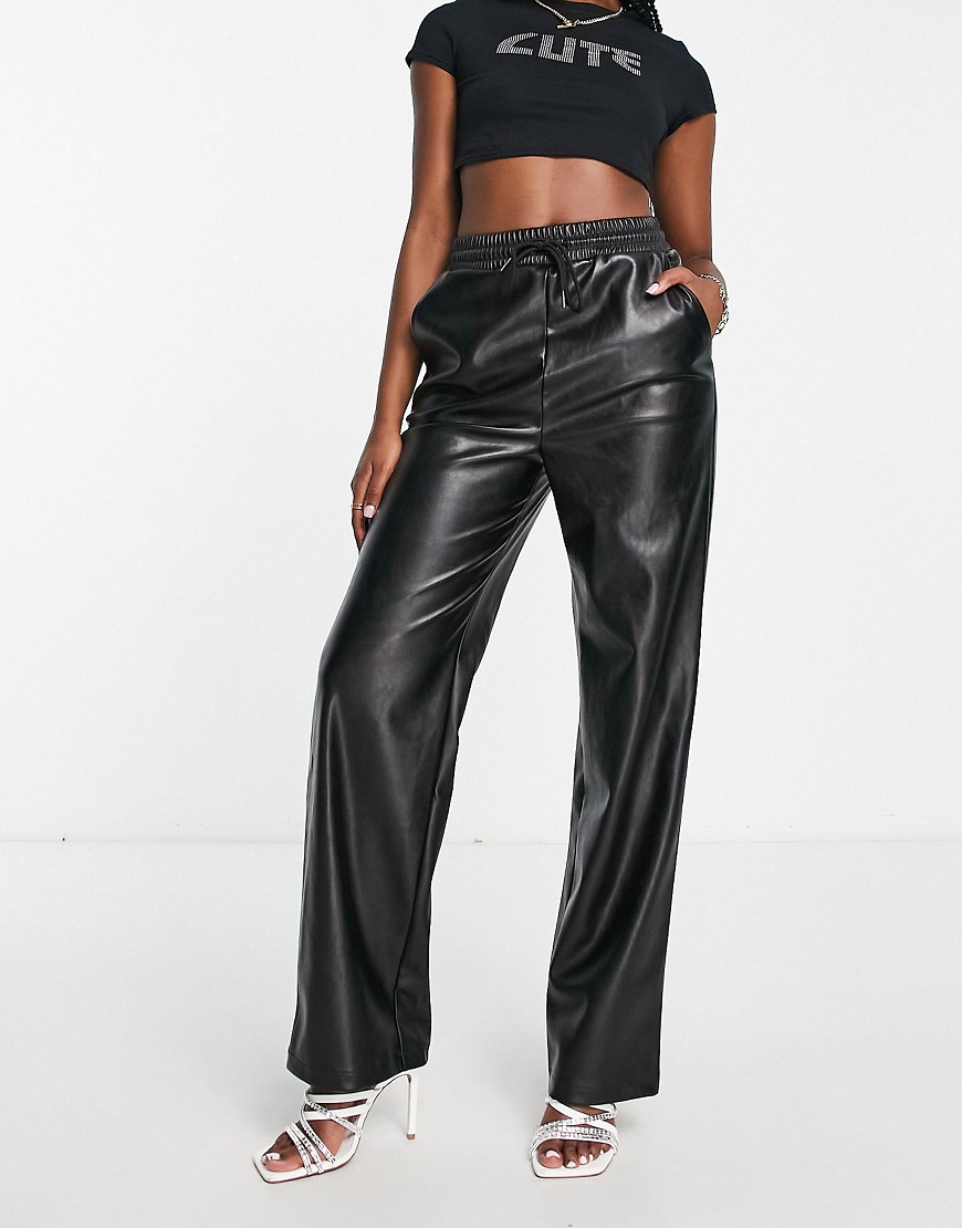 4th & Reckless leather look straight leg trousers with deep waistband in black