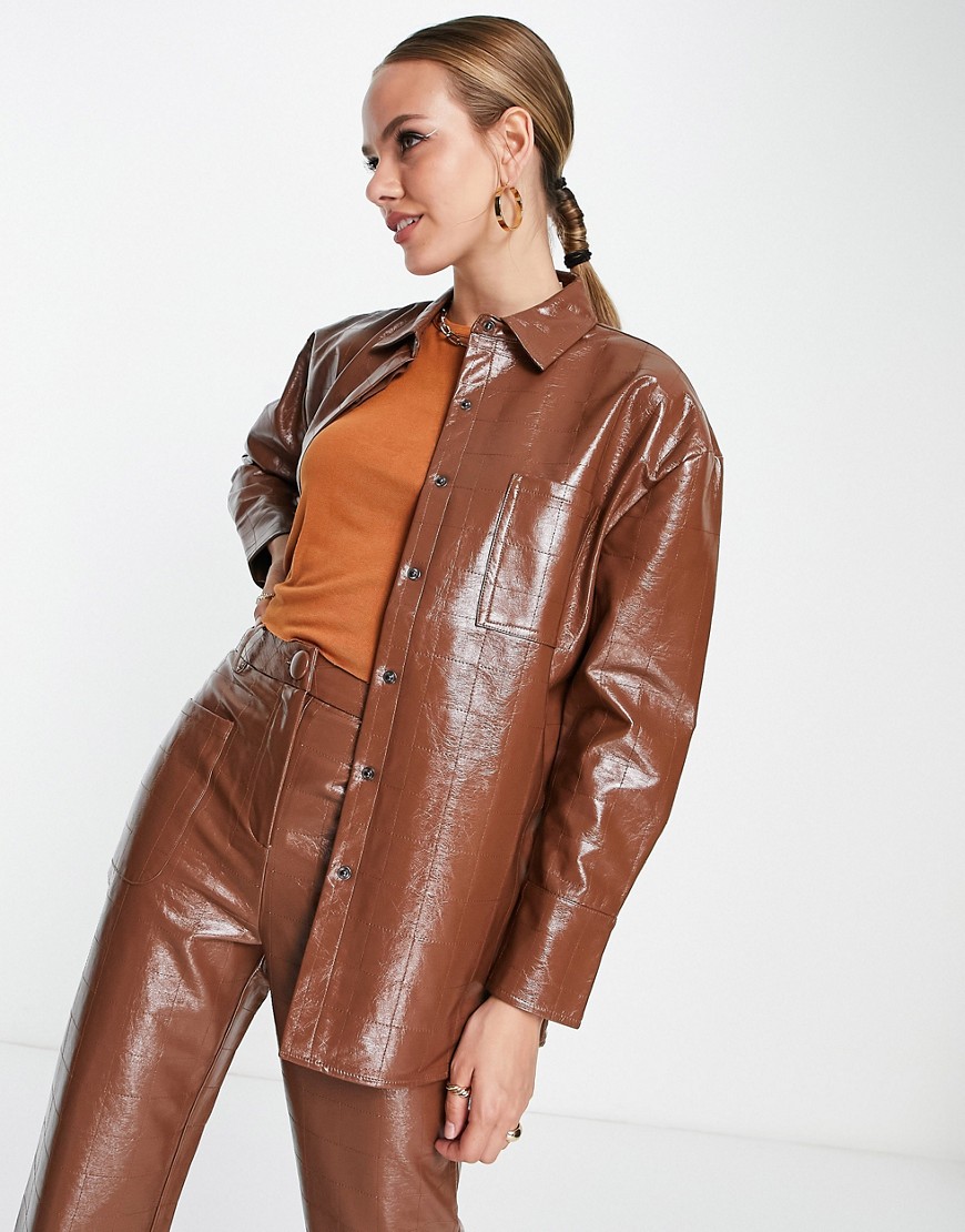 4th & Reckless oversized leather look embossed shirt co-ord in chocolate-Brown