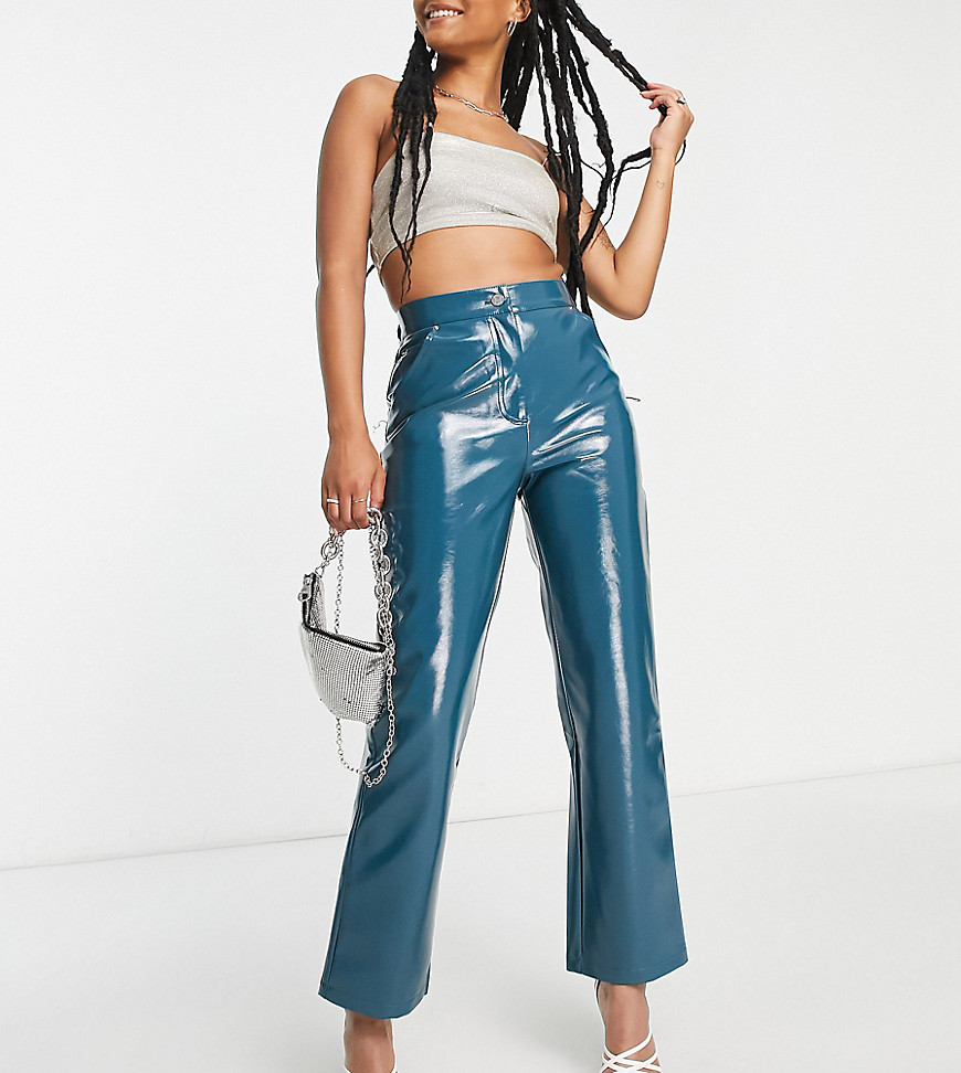 4th & Reckless Petite exclusive leather look trouser in teal-Blue