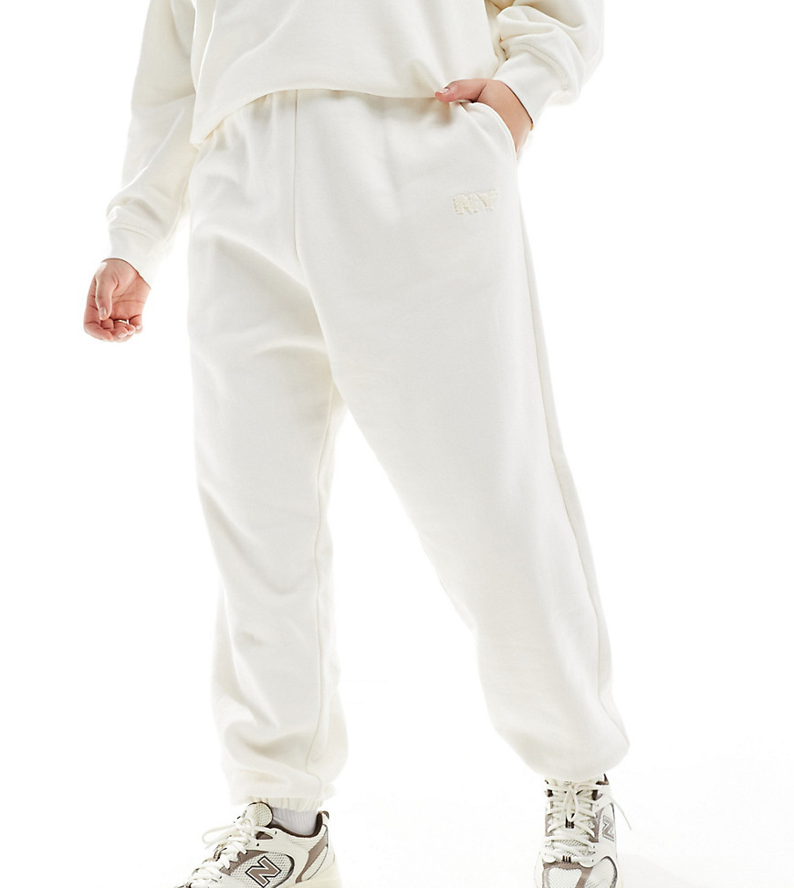 4th & Reckless Plus exclusive boucle embossed NY logo joggers co-ord in cream-White