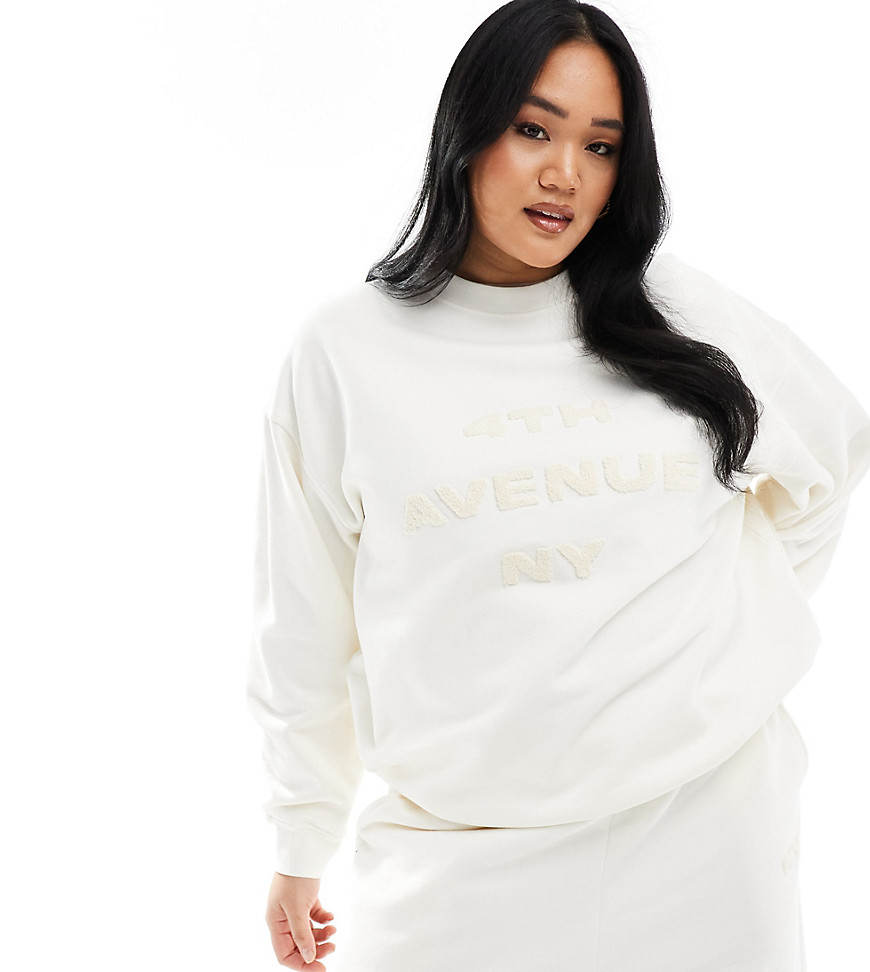4th & Reckless Plus exclusive embossed boucle 4th Avenue NY logo sweatshirt co-ord in cream-White