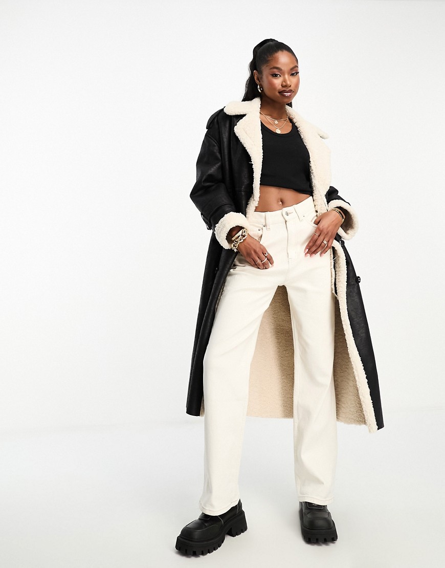 4th & Reckless premium longline contrast faux shearling coat in black and cream-Multi