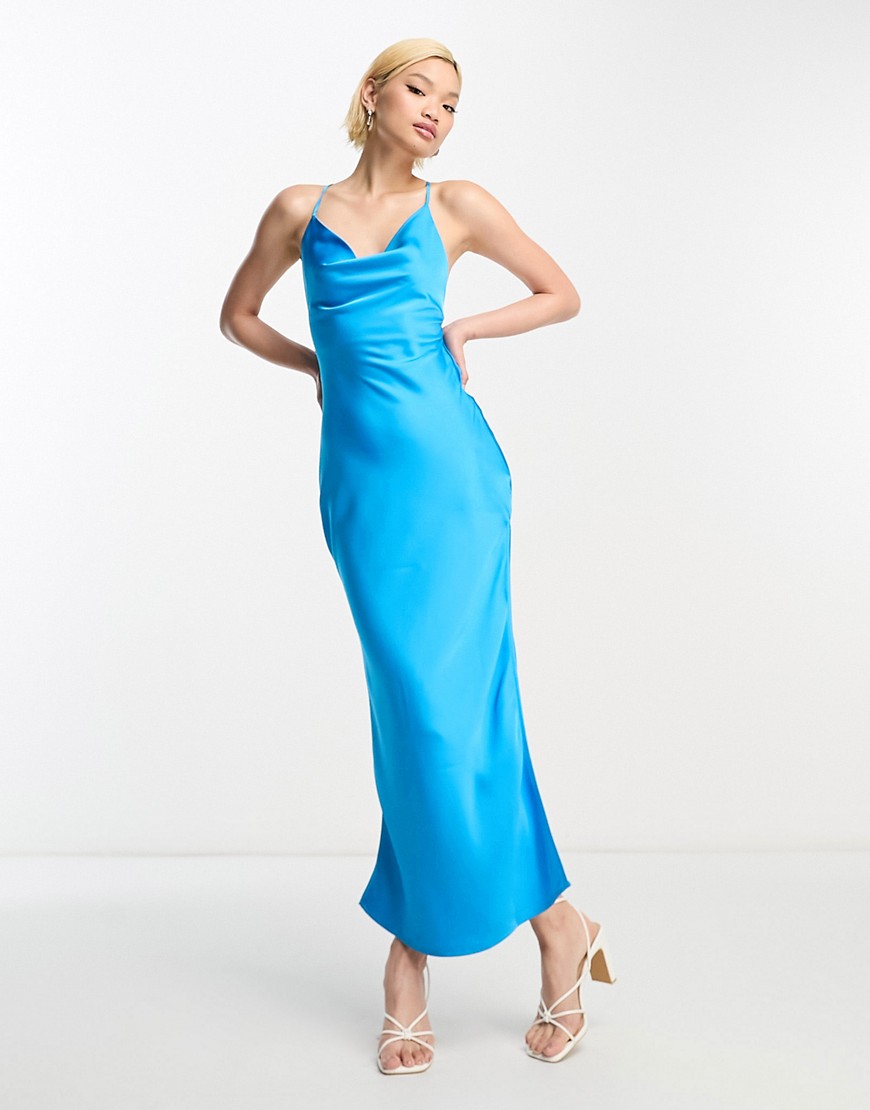 4th & Reckless satin cowl neck strappy back midi dress in electric blue