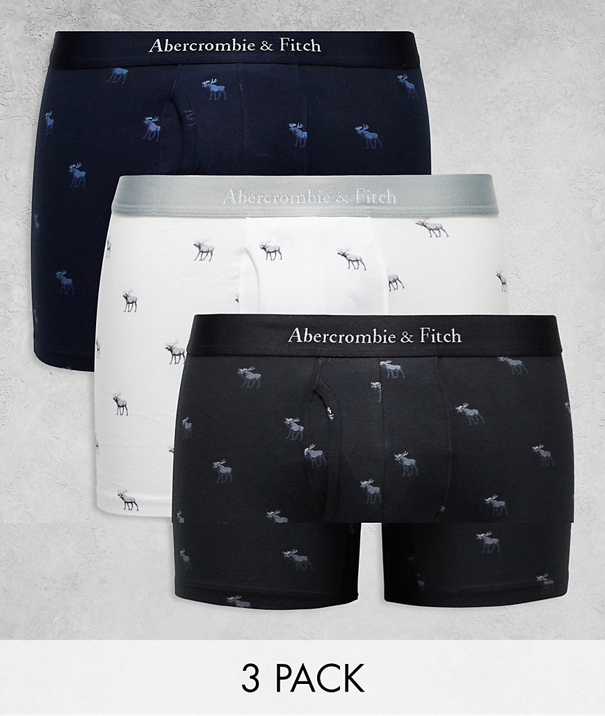 Abercrombie & Fitch 3 pack tonal logo waistband trunks in white, grey, navy-Multi