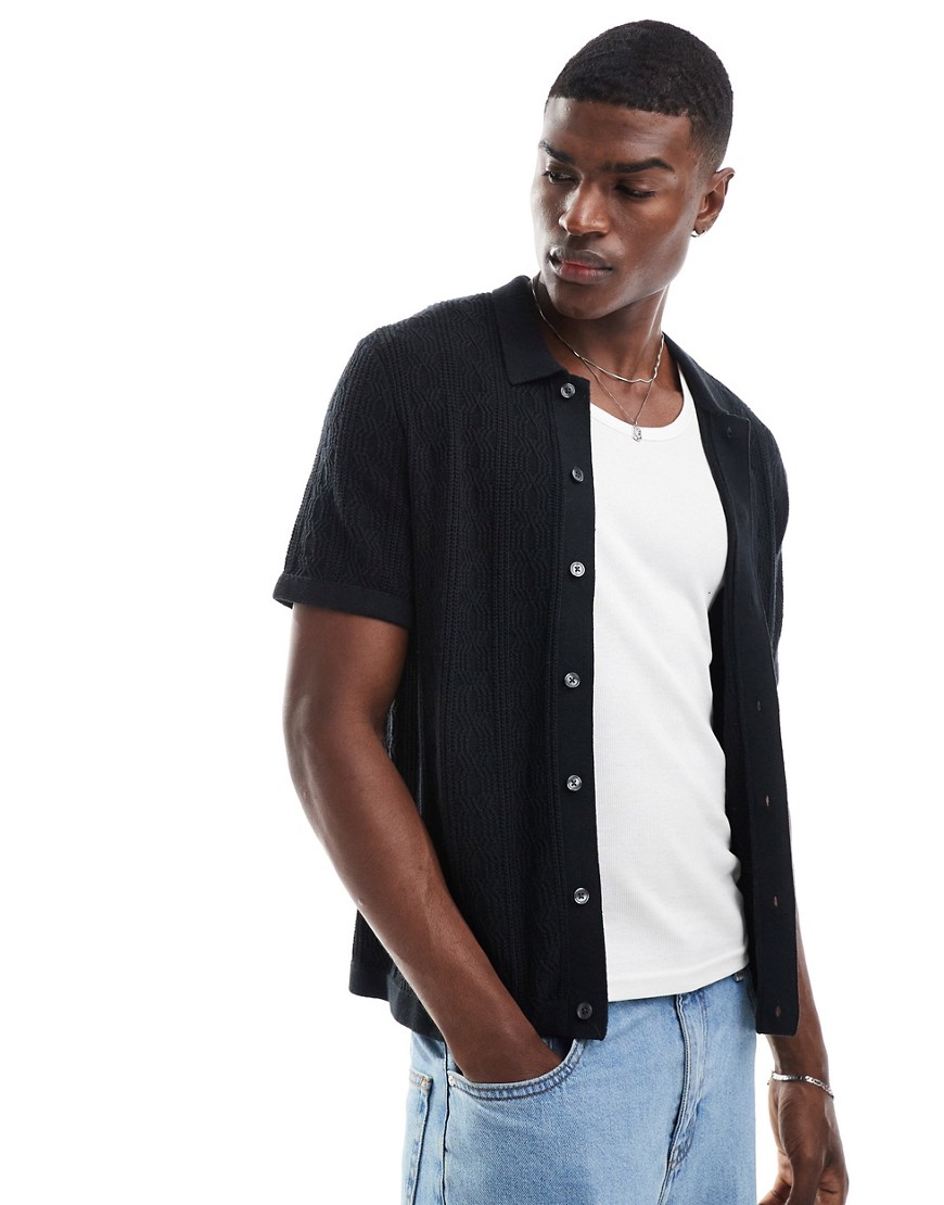 Abercrombie & Fitch buttonthrough crochet knit polo in black