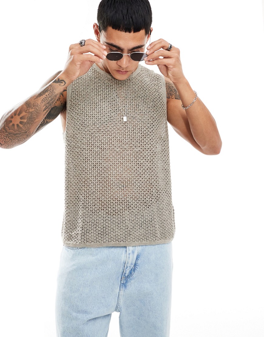 Abercrombie & Fitch crochet knit muscle vest in tan-Brown