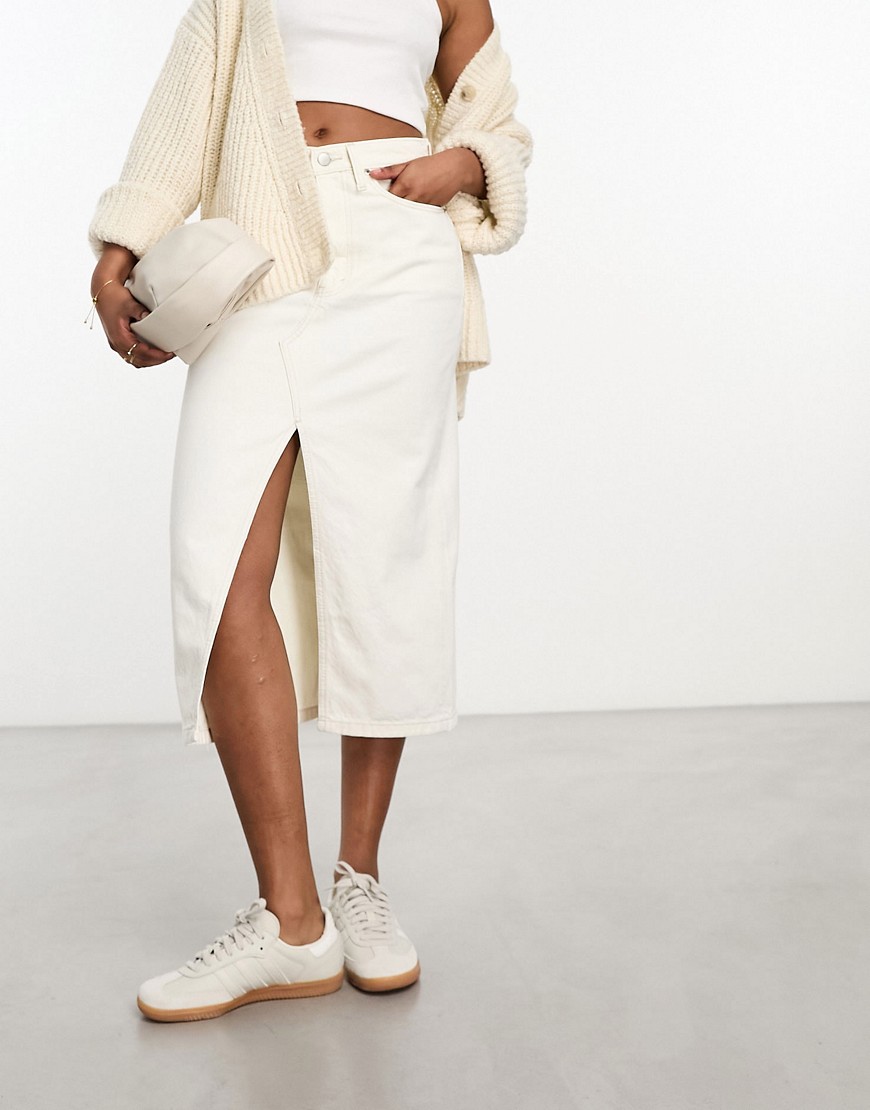 Abercrombie & Fitch denim column maxi skirt in ecru-White