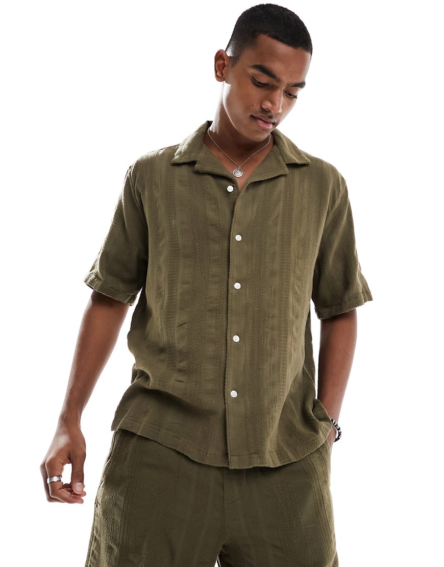 Abercrombie & Fitch dobby stripe short sleeve shirt relaxed fit in mid green co-ord