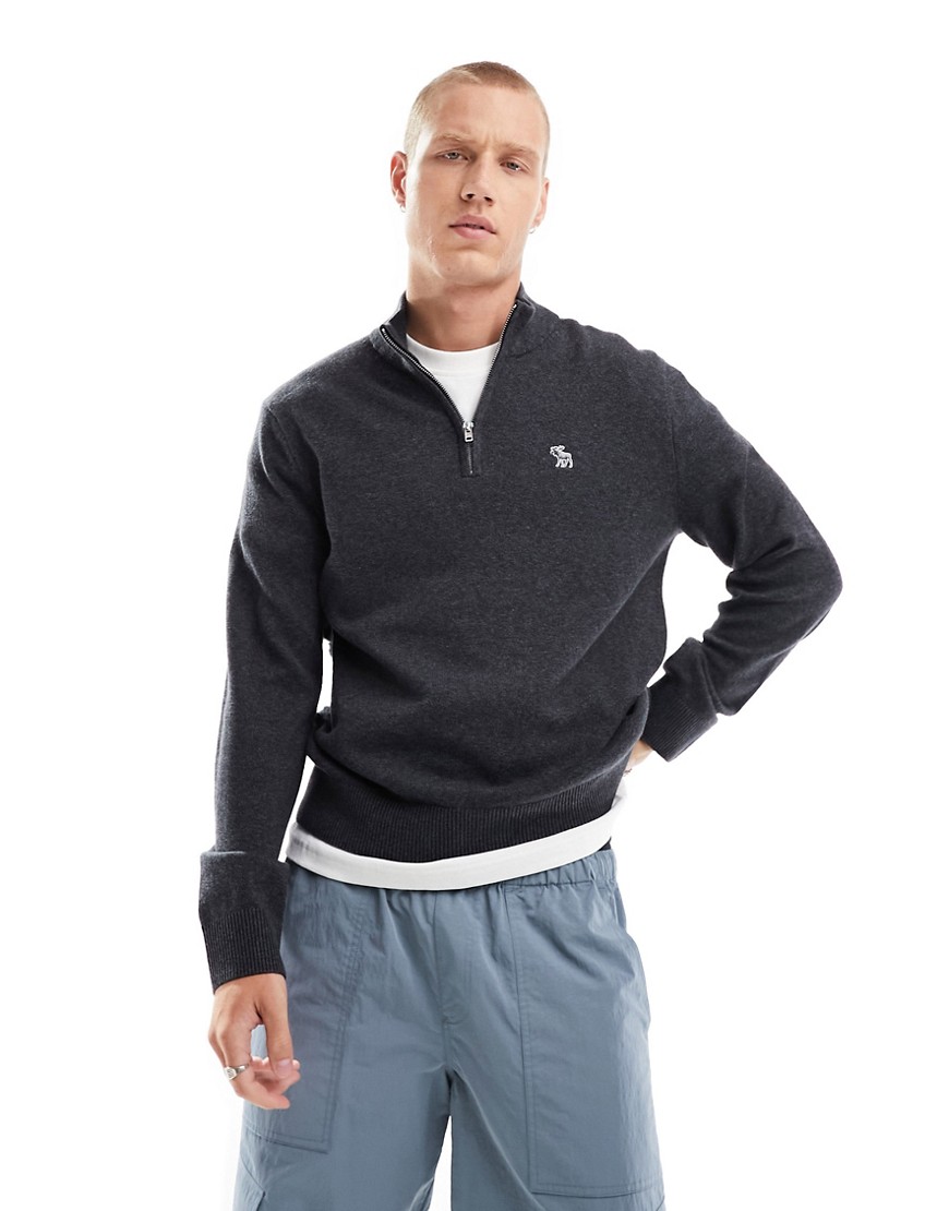 Abercrombie & Fitch icon logo merino wool knit half zip jumper in charcoal marl-Grey
