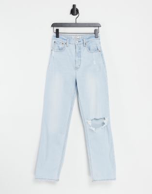 Abercrombie & Fitch straight leg raw hem knee rip jeans in light blue wash - Click1Get2 Black Friday