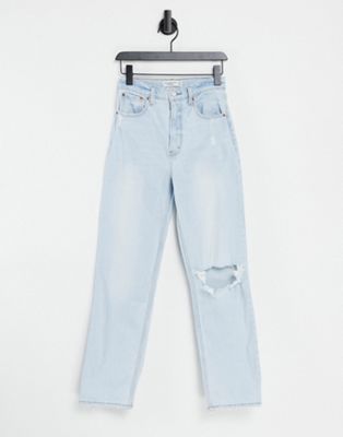Abercrombie & Fitch straight leg raw hem knee rip jeans in light blue wash - Click1Get2 Sale