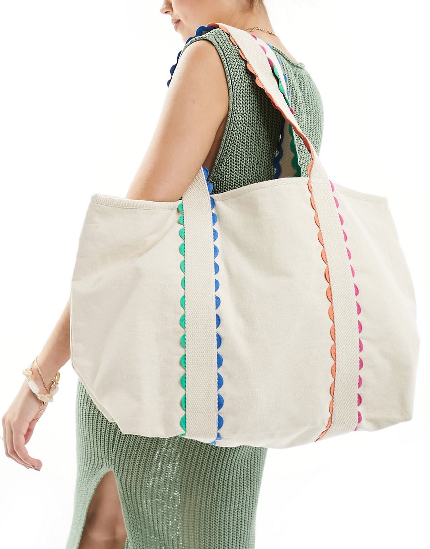Accessorize canvas tote bag with contrast piping in off white