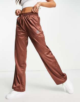Adidas Originals '2000s Luxe' satin wide leg pants in brown with rhinestone logo - Click1Get2 Price Drop