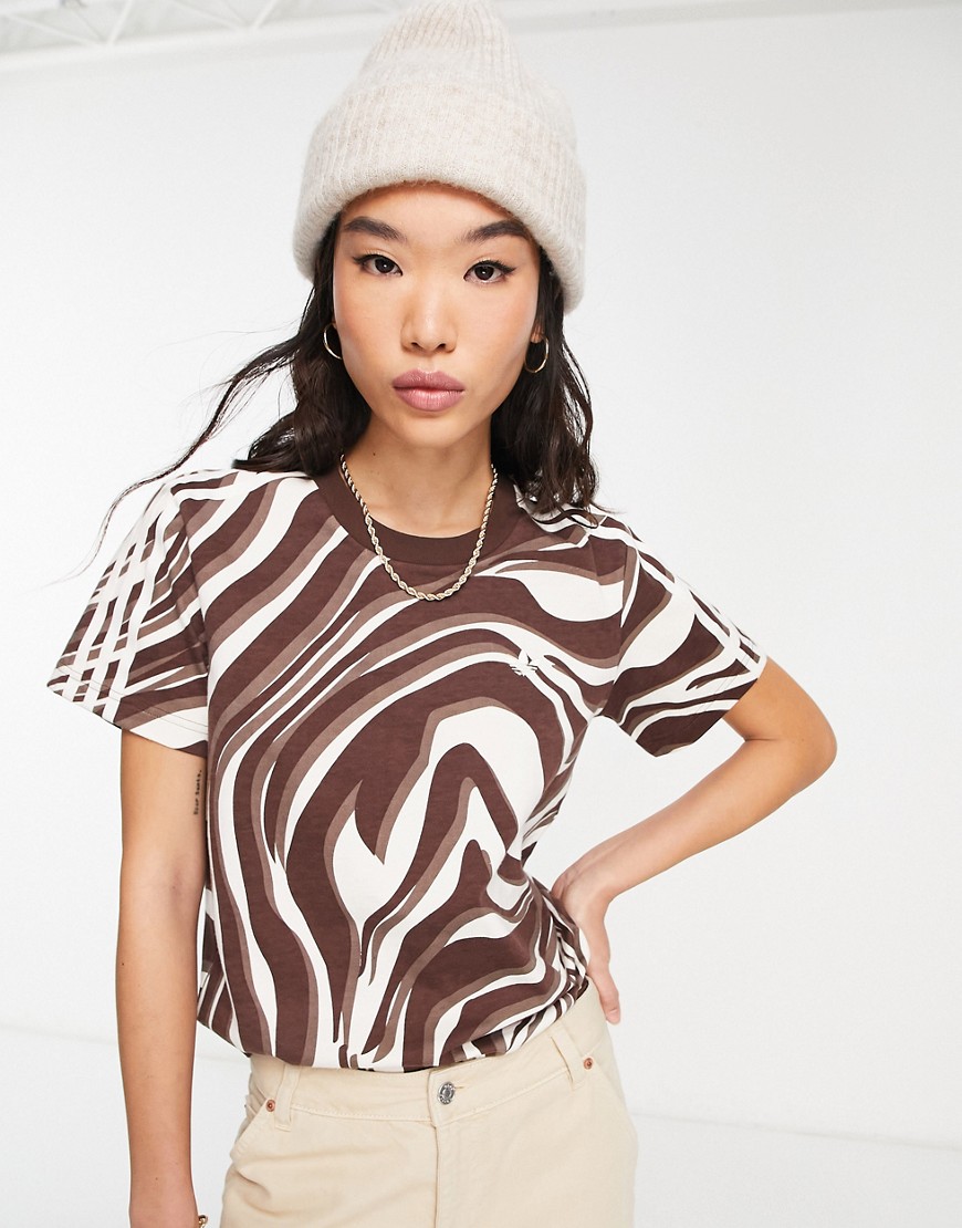 adidas Originals ’animal abstract’ three stripe zebra print t-shirt in brown and beige